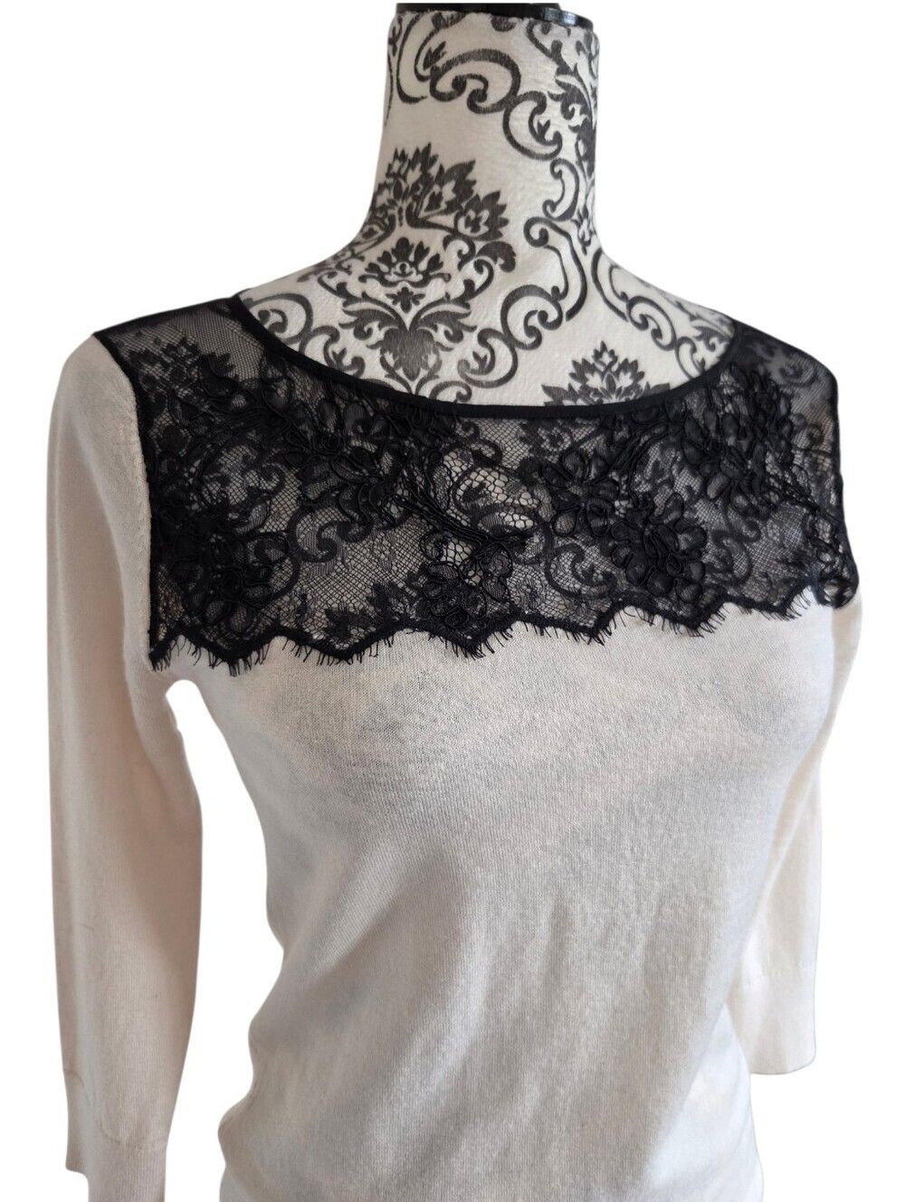 Club Monaco Nelma Lace Sweater Women Small Cream Black Wool - Picture 5 of 9